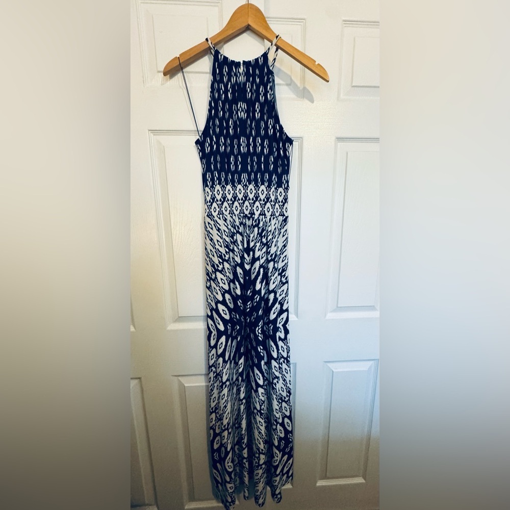 London Times Blue & White Ikat Maxi Dress | Size 6 | Halter Neck - Picture 8 of 8
